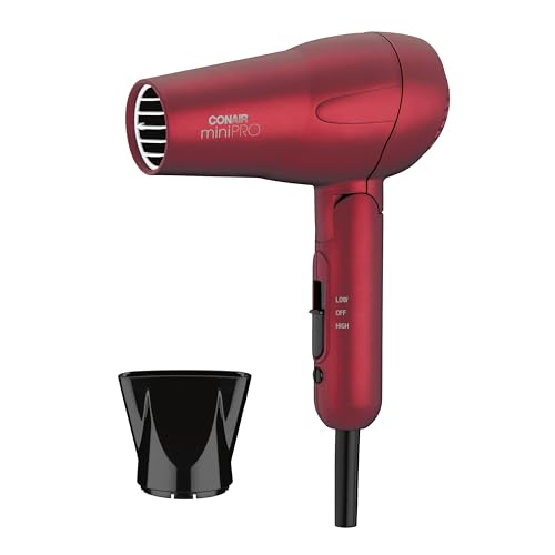 Conair Mini Pro Hair Dryer, Travel Hair Dryer with Folding Handle, Red