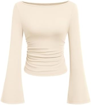PRETTYGARDEN Womens Long Sleeve Shirts 2026 Spring Crop Going Out Tops Casual Boat Neck Bell Sleeve Ribbed Ruched Y2K Clothes