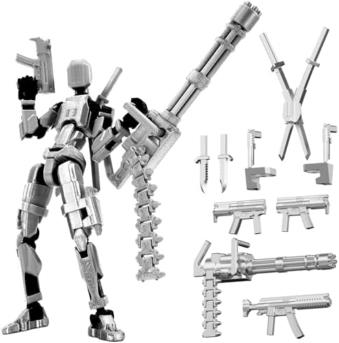 Gatling Gun Titan 13 Action Figure Set【Assembled】, Robot T Action Figure 3D Printed Dummy 13 Action Fidget Toys Figure Articulated, Lucky 13 for Collectors Desktop Decorations (Silver-Black)