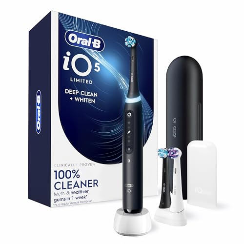 Oral-B Rechargeable Electric Toothbrush, iO5 Limited Deep Clean & Whiten, 5 Cleaning Modes, Visual Pressure Sensor to Protect Gums, Travel Case, 3 Brush Heads, Black