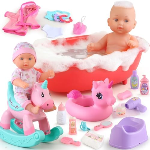 Baby Doll Bath Toys Set with Bathtub, 11" Baby Dolls, Rocking Chair,Swimming Ring, 2 Sets Baby Dolls Clothes and 15 PCS Doll Accessories.Perfect Pretend Play Toddler Toy Gift for Girls Aged 3 4 5 6.