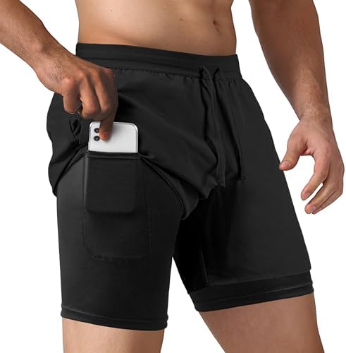 NIMOJIRO Men's 2 in 1 Running Shorts Workout Athletic Training Gym Outdoor Sports Shorts