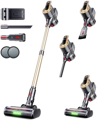 RENDOW Cordless Vacuum Cleaner, 550W 45Kpa 65Mins Vacuum Cleaners for Home, Self-Standing Cordless Stick Vacuum with LED Display,Anti-Tangle Rechargeable Wireless Vacuum for Pet Hair/Carpet/Hard Floor