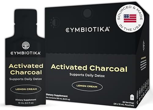 CYMBIOTIKA Activated Charcoal Liquid Supplement Packets from Coconuts for Bloating, Gut Health & Digestive Support, Helps Detox, Vitamin E, Lemon Cream Flavor, Vegan, 26 Pack