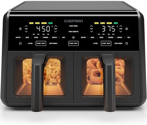 Chefman Dual Air Fryer Oven with DC Motor, 9 Qt. Double Basket Air Fryer with 450°F Max Temp for Meals in Minutes, Bake, Broil, Dehydrate, Reheat for Extra-Crispy Chicken, Fries, and More - Black