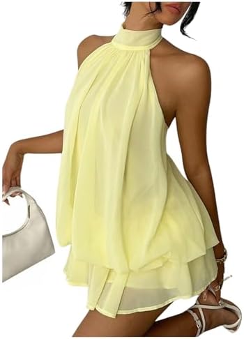Verdusa Women's Chiffon Halter Drop Waist Wedding Guest Dresses Ruffle Summer Mini Dress Brunch Outfits