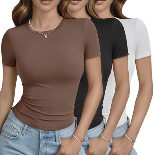 GAYHAY 3 Pack Basic Tees for Women - Crew Neck Slim Fit Tight T Shirts Cute Y2K Trendy Crop Tops Clothes for Casual Summer