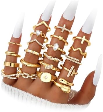 Dodder Gold Stackable Rings Set for Women, Gold Plated Chunky Crystal Finger Midi Stacking Rings, Dainty Statement Thumb Knuckle Rings Pack for Gift, Multiple Sizes Jewelry