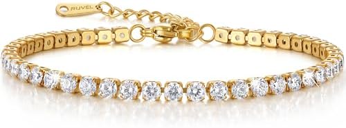 Ruvel Radiant 3mm 18K PVD Gold Plated Classic Tennis Bracelet, Stainless Steel, AAAAA Cubic Zirconia | Adjustable, Stackable Gold Bracelets for Women