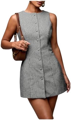 SOLY HUX Women's Plaid Button Down Dress Crew Neck Sleeveless Tie Back Work Office Mini Dresses