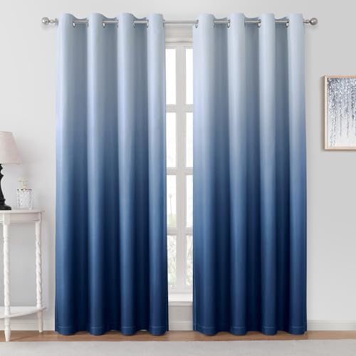 HOMEIDEAS Navy Blue Ombre Blackout Curtains 52 X 84 Inch Length Gradient Room Darkening Thermal Insulated Energy Saving Grommet 2 Panels Window Drapes for Living Room, Bedroom
