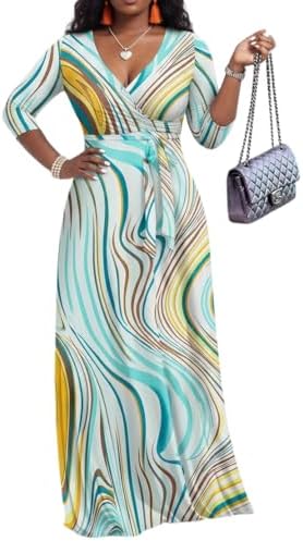 PerZeal Women’s Boho Plus Size V-Neck 3/4 Sleeve Maxi Dress Colorful Floral Print, Casual Summer Long Dress with Belt