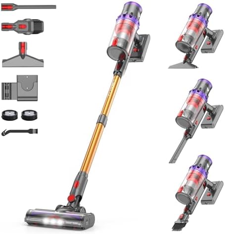 Coovy SU7 Cordless Vacuum Cleaner 580W 50Kpa 80 Minutes Runtime Stick Vacuum with Touch Screen Anti-Tangle Wireless Powerful Lightweight LED Vac for Home Pet Hair Carpet Hardwood, Gold