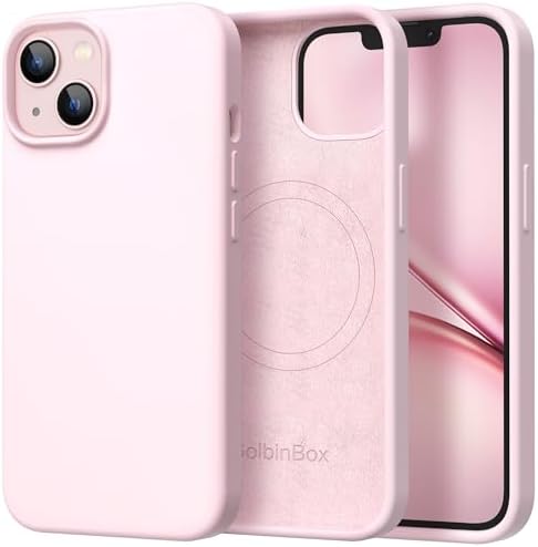 GolbinBox Magnetic for iPhone 13 Case & iPhone 14 Case, Compatible with MagSafe, [Soft Anti-Scratch Microfiber Lining], Slim Liquid Silicone Shockproof Protective Phone Case 6.1 inch, Chalk Pink