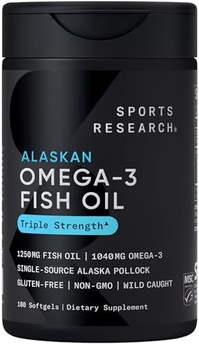 Sports Research® Omega-3 Fish Oil 1250 - Triple Strength Fish Oil Supplement from Wild Alaska Pollock - MSC Certified Sustainable · Non-GMO · Soy Free - 180 Softgel Capsules