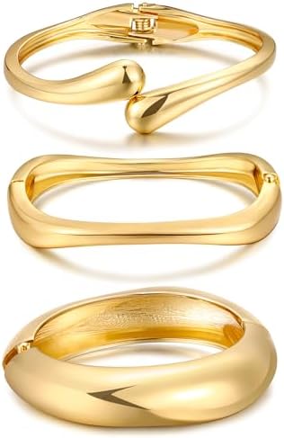 Chunky Gold Bangle Bracelets for Women, Dainty 14k Gold Plated Big Stackable Bangles Set, Trendy Statement Cuff Bracelet Stack Fashion Jewelry Christmas Gifts