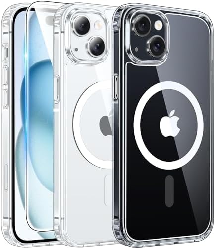 FNTCASE for iPhone 15 Case Clear: iPhone 14/13 Case Magnetic Phone Cases with Screen Protector Compatible with Magsafe Slim Anti Yellowing Rugged Protective Transparent Cell Cover (A-Clear)