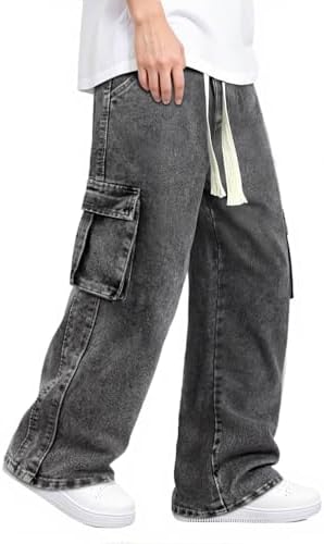 Mens Baggy Jeans Elastic Waisted Denim Pants for Men with Drawstring Streetwear