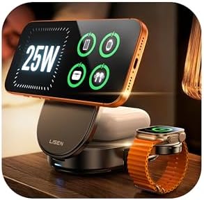 LISEN [Ultra-Fast 25W] 3-in-1 Charging Station for Apple, Qi2.2 25W Foldable Wireless MagSafe Charger Stand for iPhone 17/16/15/14/13 Pro Max, Apple Watch&AirPods, Travel Portable with 45W Adapter