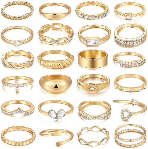 FAXHION 25 PCS Gold Stackable Rings Set for Women, Simple Twist Knuckle Finger Ring Trendy, Dainty Stacking Statement Thumb Rings Pack Jewelry Gift