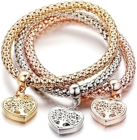 Aphrodite's Tree of Life Heart Edition Charm Bracelet with Austrian Crystals – Gold, Silver & Rose Gold Plated Popcorn Chain Bracelet Set for Women