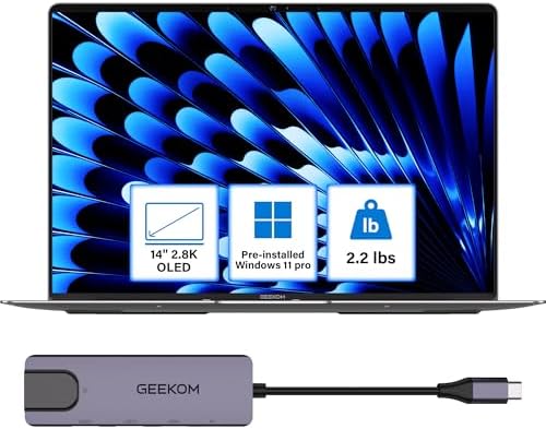 GEEKOM GeekBook X14 Pro Laptop, 2.2lbs Ultra Thin 14" 2.8K OLED Laptop Computer, Ultra 9 185H, 32GB LPDDR5x 7500MHz RAM 2TB SSD, Up to 16 Hour, 2X USB4, Fingerprint, Hub, Copilot, Windows 11 Pro