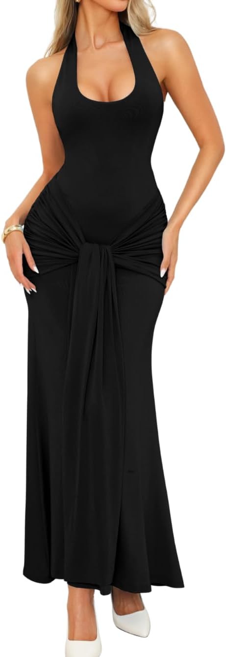 Kaei&amp;Shi Sexy Birthday Deep V Halter Dress,Wedding Guest Drape Maxi Dresses,Long Evening Gowns for Women Formal