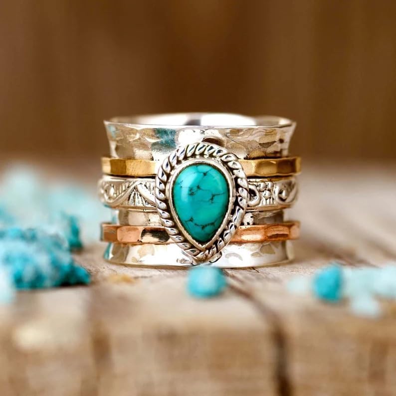 LRGKMCWTOB Vintage Sterling Silver Turquoise Ring for Women, Bohemian Style Handmade Dainty Ethnic Healing Stone Ring, Tribal Totem Cut Natural Turquoise Bridal Statement Ring Gift Size 8