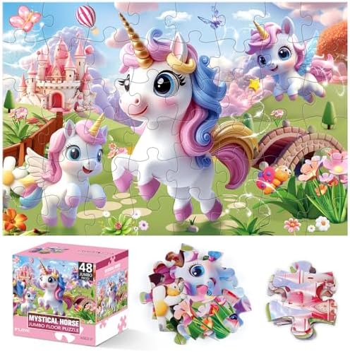 Jumbo Floor Puzzle for Kids,48 Piece Unicorn Large Jigsaw Puzzles,Puzzle for Toddler Ages 3-5,Fun Educational Preschool Learning Toy Easter Gift for Boys & Girls Ages 4-8