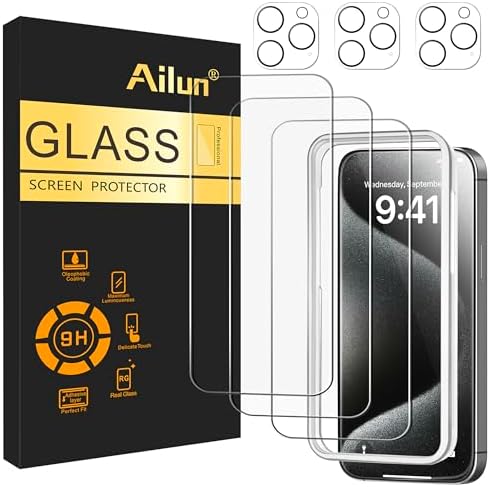 Ailun 3 Pack Screen Protector for iPhone 15 Pro Max [6.7 inch] + 3 Pack Camera Lens Protector with Installation Frame,Sensor Protection,Dynamic Island Compatible,Case Friendly Tempered Glass Film