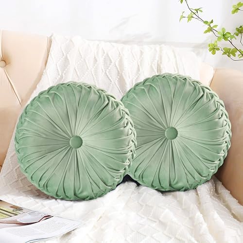 HIG Set of 2 Decorative Round Pleated Throw Pillows, Classy Accent Pumpkin Throw Pillows with Center Button, Vintage Velvet Floor Pillows for Sofa Vanity Chair Bed, Sage, 14.5" Diameter(Ripple)