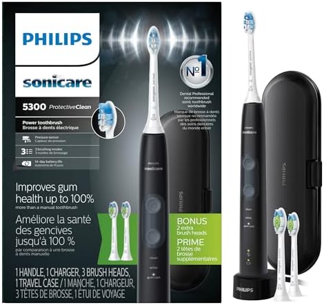 Philips Sonicare ProtectiveClean 5300 Rechargeable Electric Toothbrush, with Pressure Sensor, 3 Cleaning Modes, SmarTimer and QuadPacer, with 2 Bonus Brush Heads, Travel Case, Black, Model HX6423/34