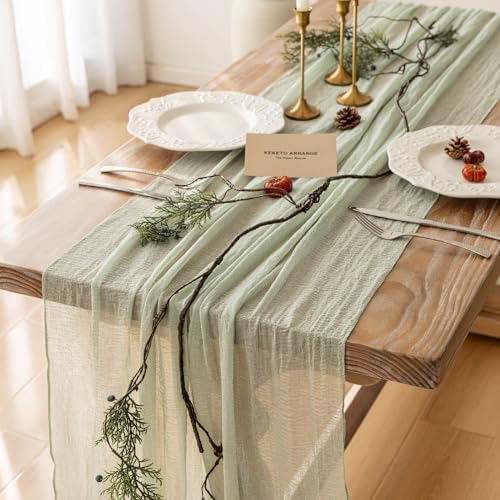 Keketoarrange Sage Green Table Runner Easter Decor Cheesecloth 120 Inch 10 FT Rustic Boho Cheese Cloth Runner for Wedding Baby Shower Bridal Shower Sheer Gauze Centerpiece Spring Home Decorations