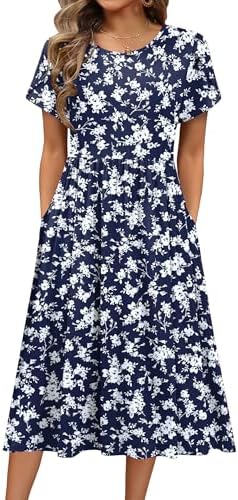 HOTOUCH Women's Summer A-Line Midi Dresses 2026 Casual Floral Short Sleeve T-Shirt Dress Flowy Beach Sundress with Pockets