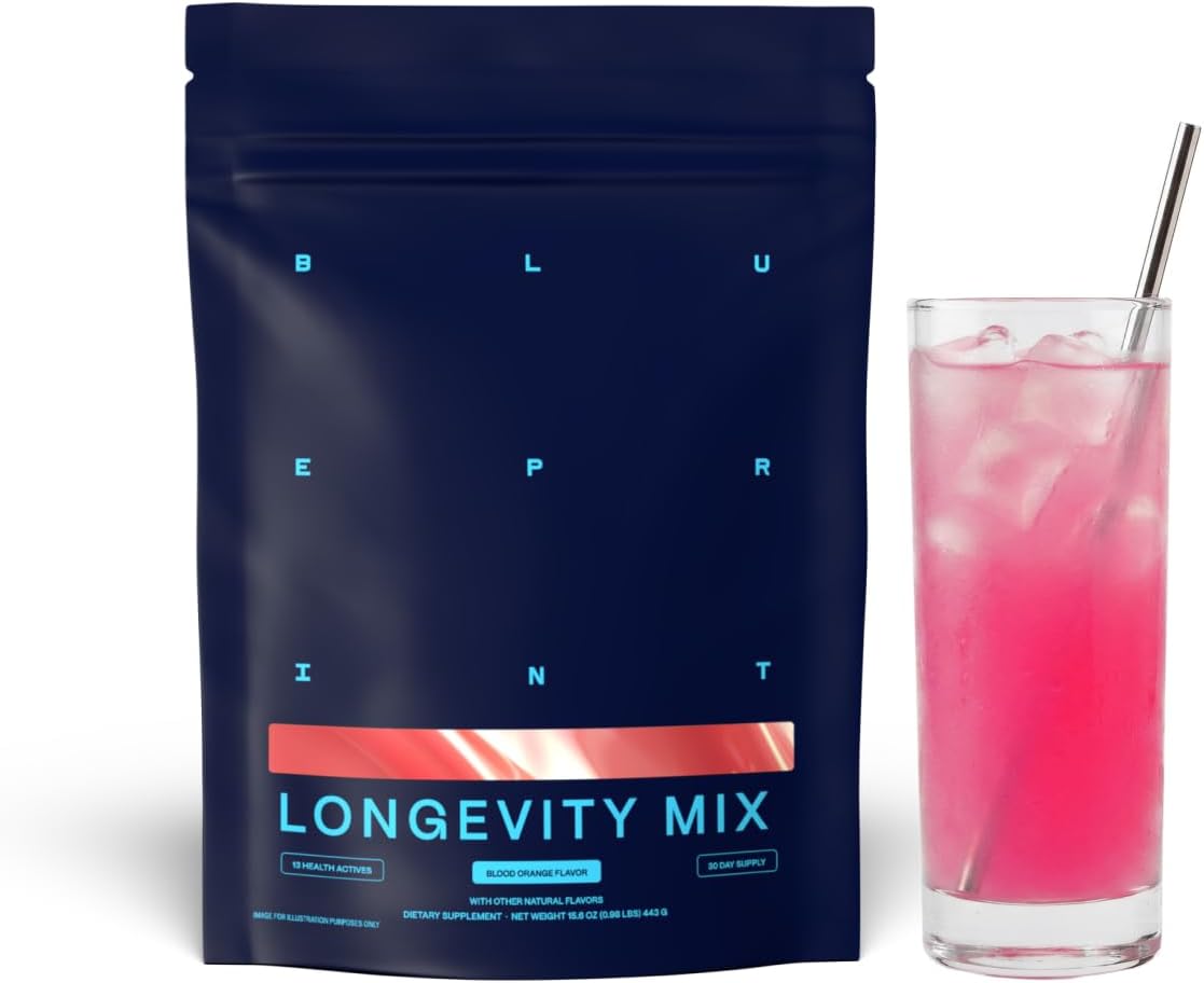 Blueprint Bryan Johnson Longevity Mix - Muscle Builder &amp; Recovery Supplement - Promotes Focus and Balanced Mood - Magnesium, Creatine, L-Theanine, Glutathione &amp; Vitamin C- 30 Servings, Blood O