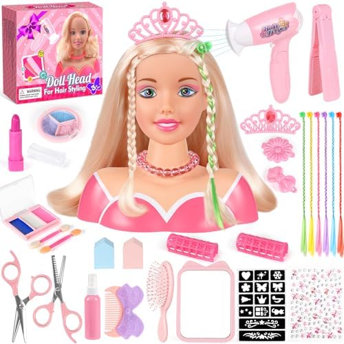KUBUSFLY 44Pcs Hair Styling Doll Head Toys for Girls, Kids Makeup Hair Salon Pretend Play Styling Kit with Hairdryer, Straightener, Beauty Hair Toy Christmas Birthday Gift for Toddler Girls 3 4 5 6+