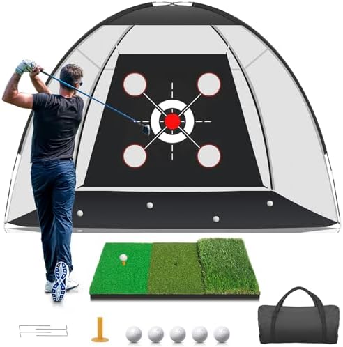 Golf Net with Practice Mat,Golf Hitting Aid Nets 10x7FT for Backyard Driving Chipping Training Swing with Target Mat Balls for Outdoor Indoor，Gifts for Men Dad Him and Golfer