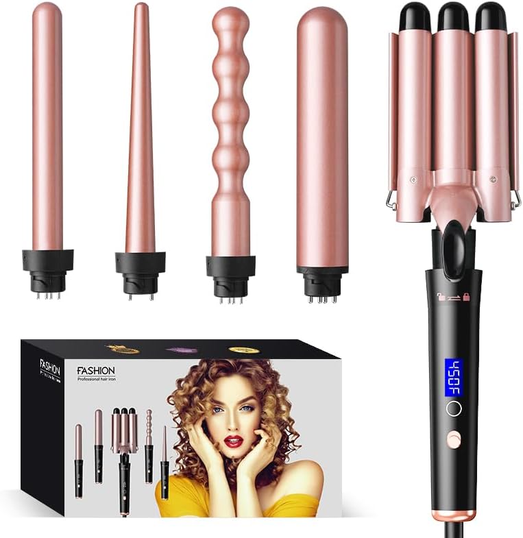 Bo'laiya 5 in 1 Curling Wand Set with Temperature Display, Curling Iron Set with 5 Interchangeable Ceramic Curling Wands, Instant Heat Up, Suitable for All Hair Types (Rose Gold)