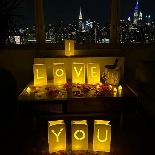 WYMM I Love You Light Up Letters with 30 Tea Lights Candles and 1000 Red & Pink Rose Petals - Luminary Bags for Anniversary Decorations, Valentines Day Decorations & Romantic Bedroom Decor