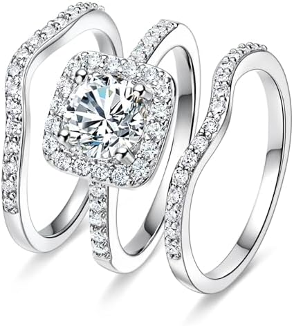 MDFUN 18K White Gold Plated Cubic Zirconia Three-in-One Halo Wedding Engagement Promise Eternity Ring for Women