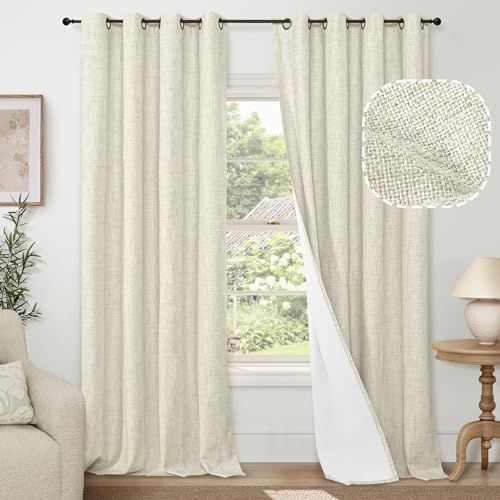 Lajode Blackout Curtains for Bedroom - Linen Black Out Curtains 84 Inch Long Thermal Insulated Burlap Grommet Window Drapes for Farmhouse Living Room Darkening, 2 Panels, Each 52" Wide, Natural Cream