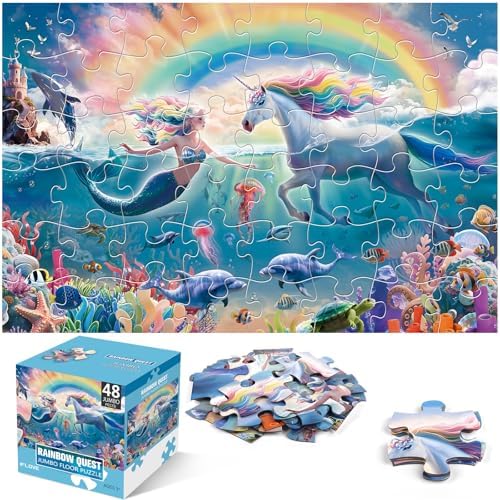 Jumbo Floor Puzzle for Kids Ages 4-8, 48-Piece Unicorn and Mermaid Underwater Jigsaw Puzzle, Large Educational Toys for Toddler Girls and Boys, Easter Gift for 3-5 Year Olds