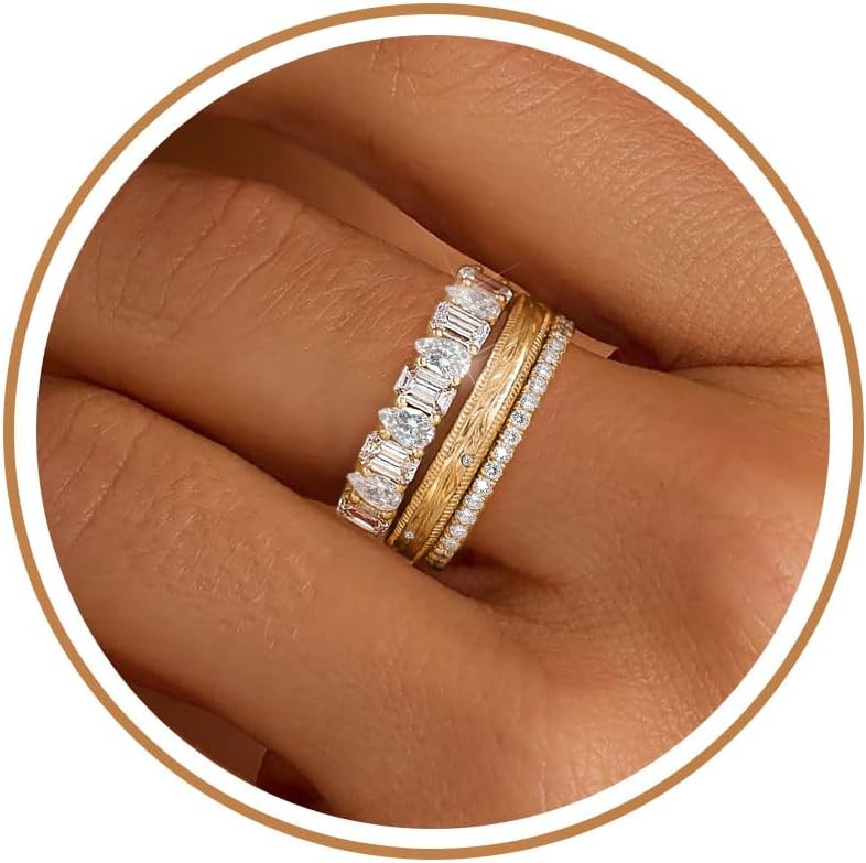 FUNEIA Stackable Gold Rings for Women Non Tarnish Chunky 14K Gold Plated Rings that Don't Tarnish Engagement Cubic Zirconia Ring Set Stack Dainty Pinky Wedding Bands Thumb Rings Gold Jewelry Size 