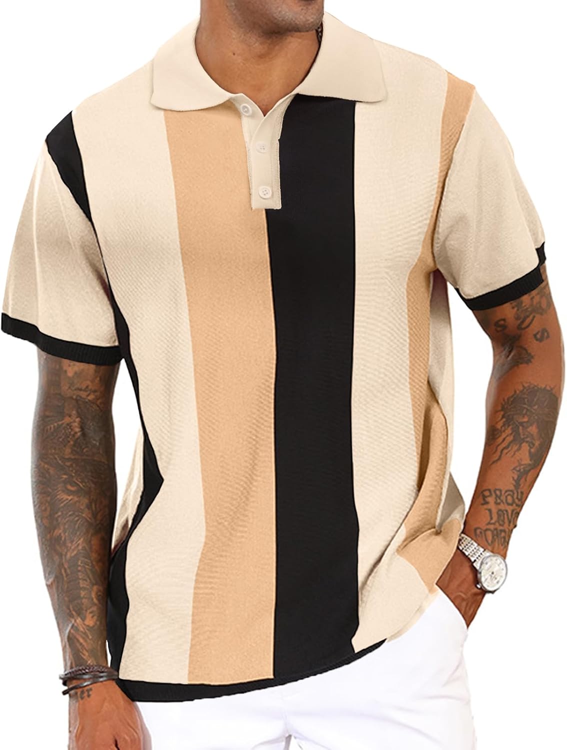 Men's Casual Polo Shirts Vintage Striped Knitting Button Down Shirts Golf Collared Shirts