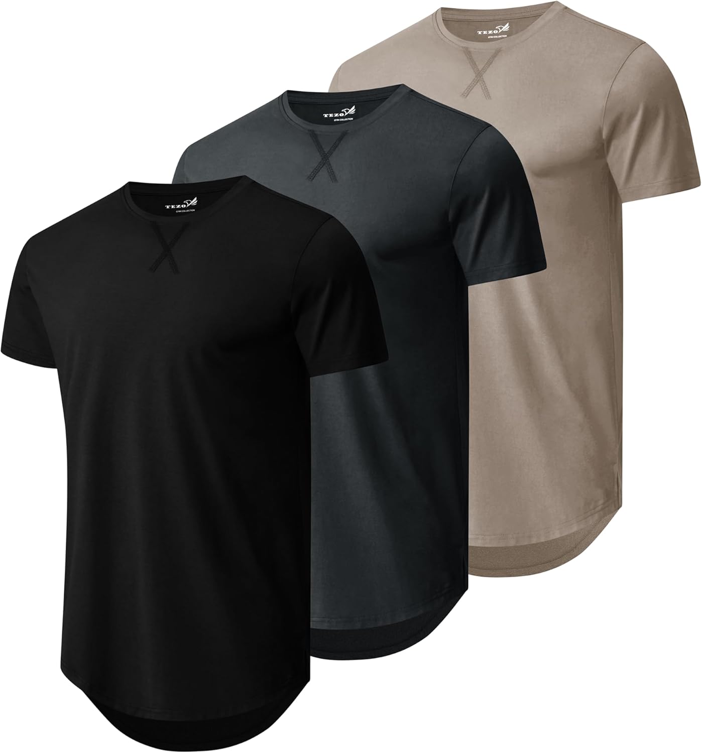 Mens 3 Pack Plain Cotton Shirts Short Sleeve Casual Crew Neck T-Shirts Hipster Hip Hop Longline Tees Drop Cut Curved Hem