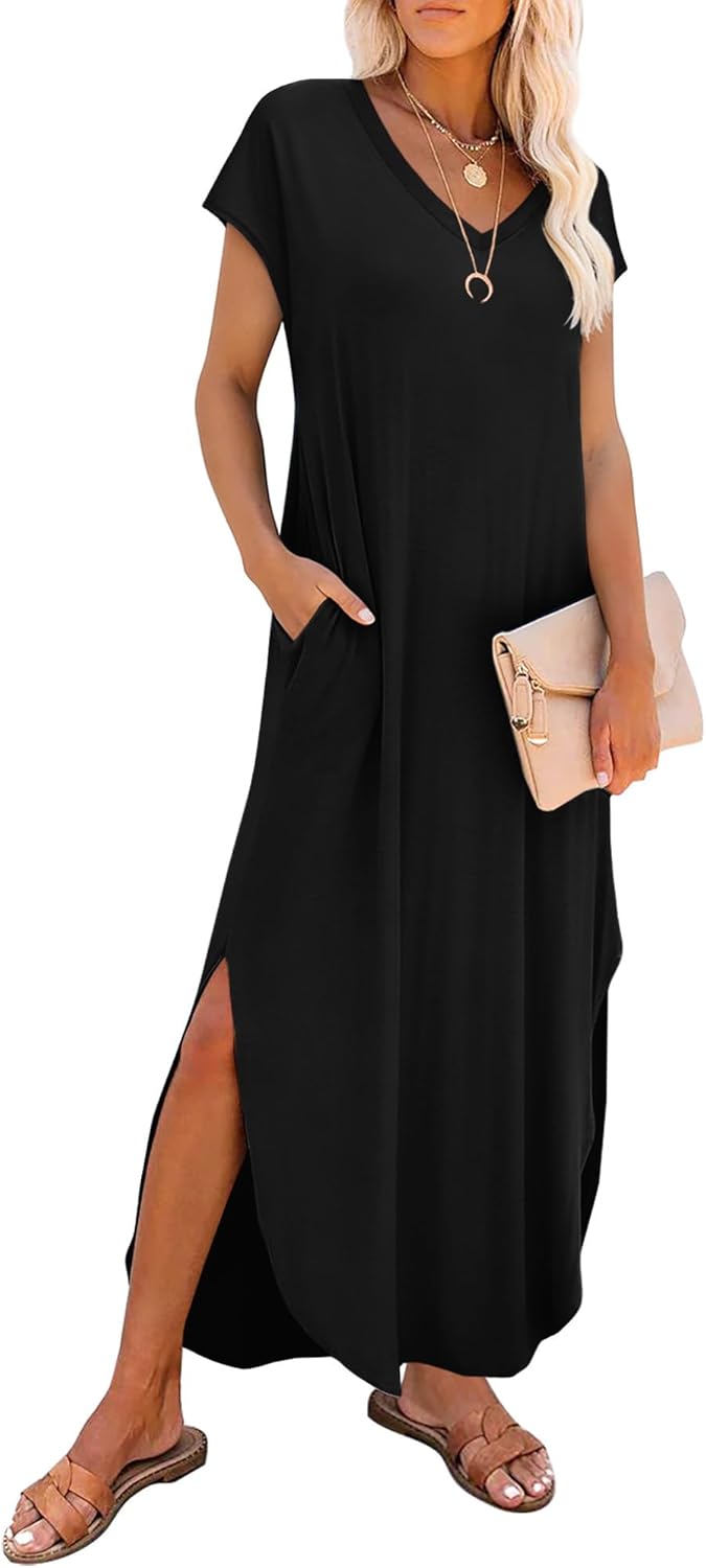 RUMIA Summer Casual Maxi Dresses for Women- Women's V Neck Cap Sleeve Long Sundress with Pockets Beach Vacation