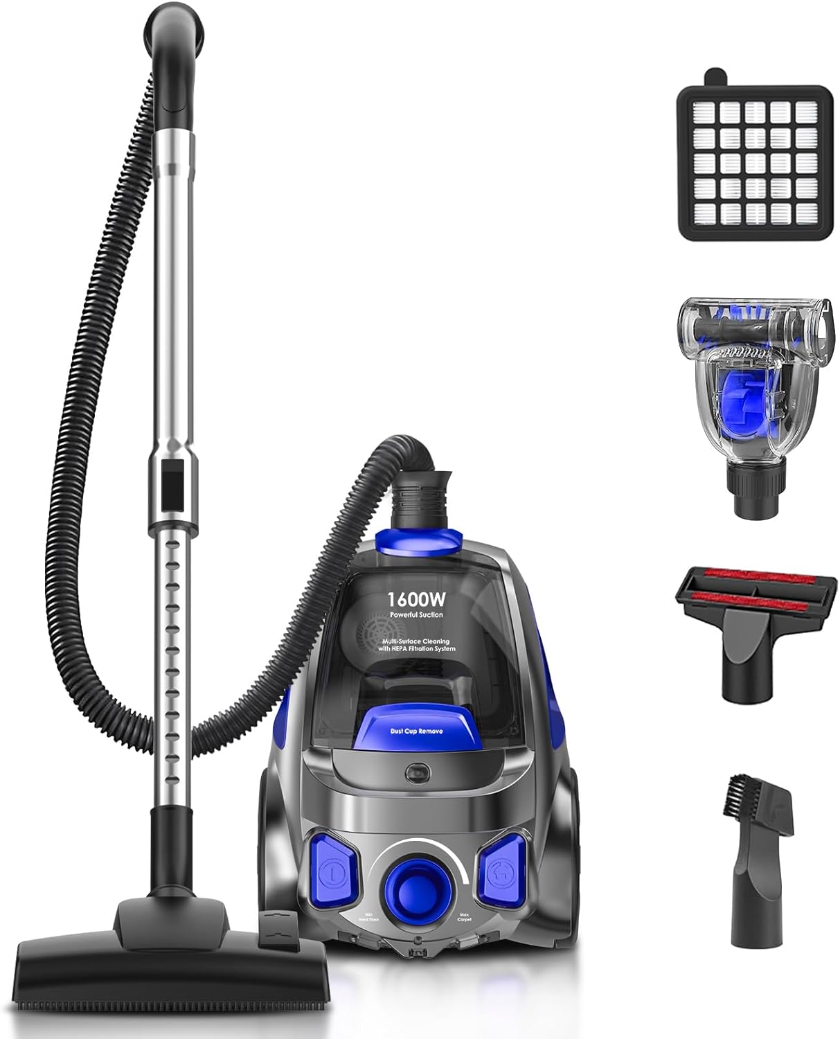 PKUYIE Canister Vacuum Cleaner, 40Kpa 1600W Cyclon Power Bagless Canister Vacuum Cleaners for Home, 3.7QT Large Dust Cup, Lightweight Vac for Hard Floors, Carpets, Pet Hair, Blue