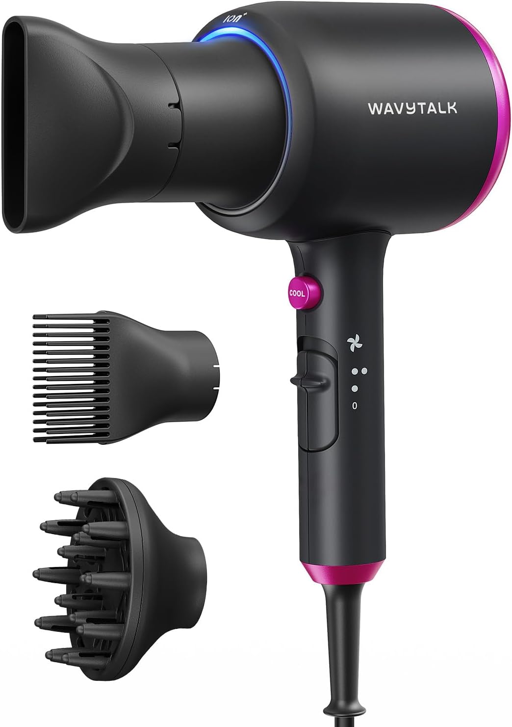Wavytalk Hair Dryer with Diffuser, Blown Away Ionic Hair Dryer for Curly Hair with Comb, 1875W Fast Drying Blow Dryer with Ceramic Technology, 3 Attachments for All Hair Types, Light and Quiet, Black