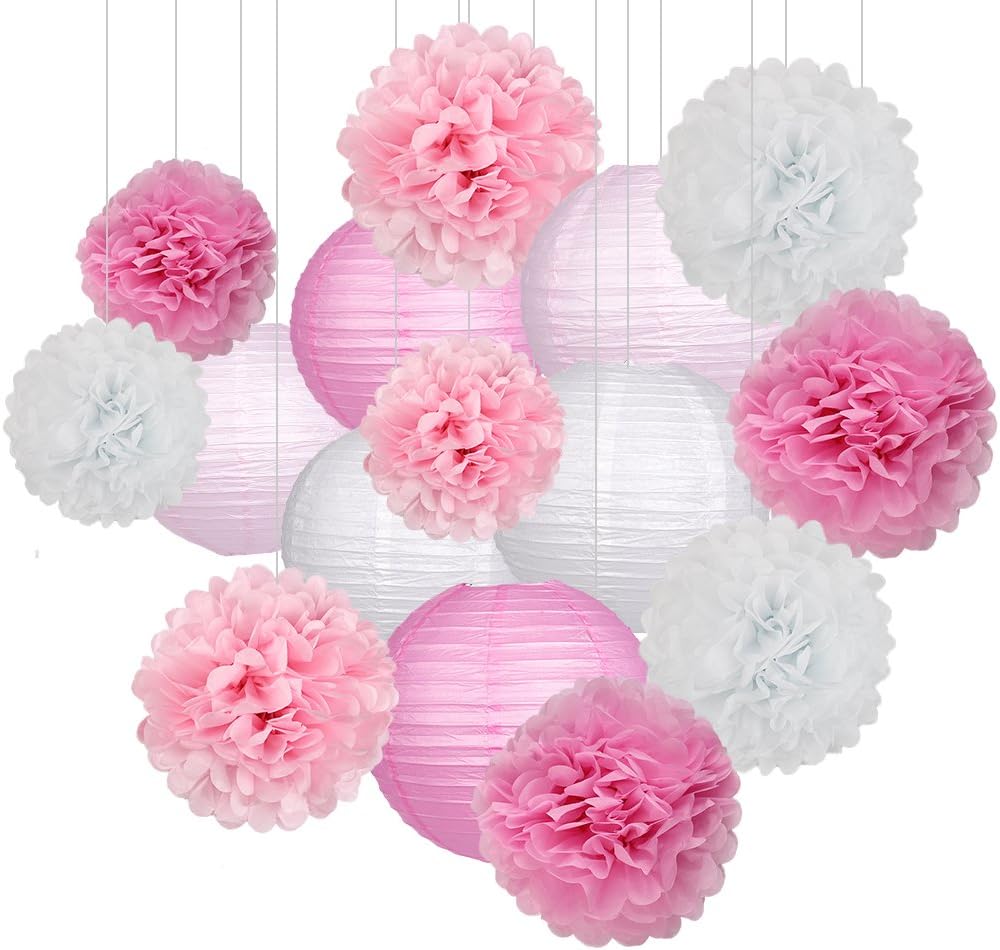 15Pcs Party Pack Paper Lanterns and Pom Pom Balls Hanging Decoration for Wedding Birthday Baby Shower-Pink\/White