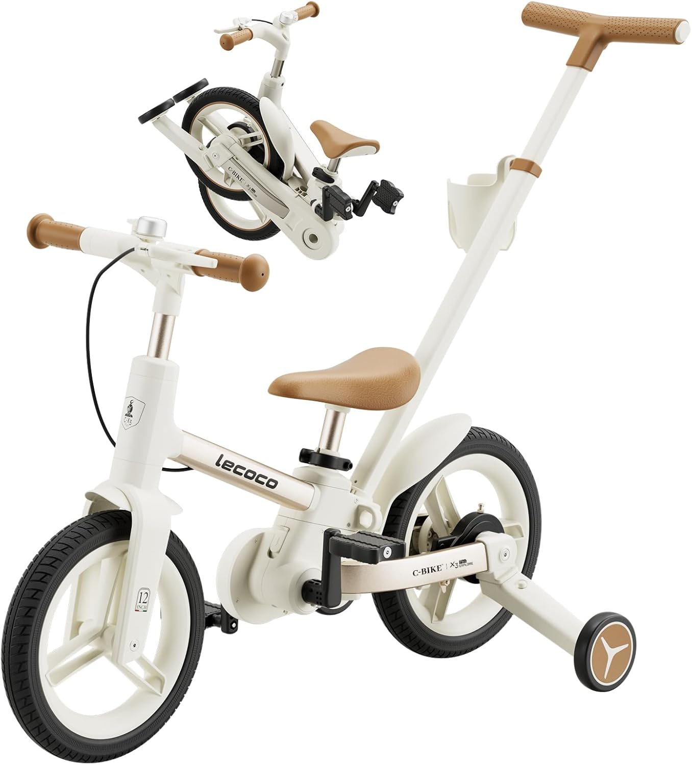 lecoco Upgraded Toddler Bike with Push Handle 6 in 1 for Kids, Balance Bicycle Toys with Training Wheels, Brackes, Cup Holder, Pedal, Kickstand Birthday Gift for Boys and Girls